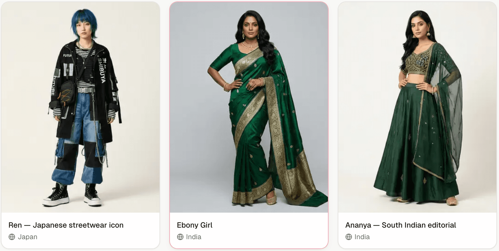 Atom Models page — AI fashion model roster